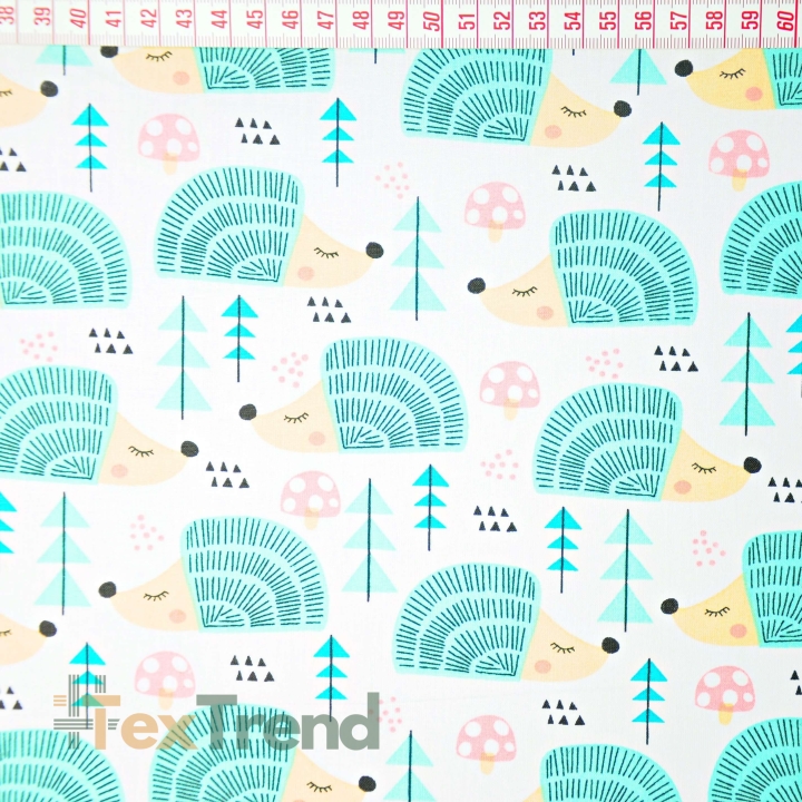 Flanellstoff / Baumwollflanell – weich – Igel mint auf weißem Hintergrund.