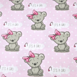 Flanellstoff / Baumwollflanell – weich – Mädchenbären auf rosa mit weißen Punkten