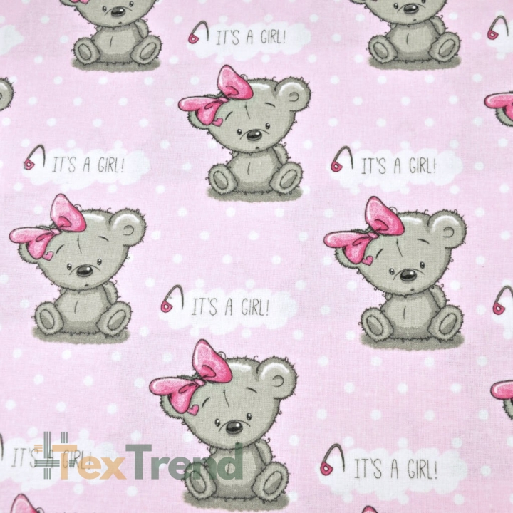 Flanellstoff / Baumwollflanell – weich – Mädchenbären auf rosa mit weißen Punkten