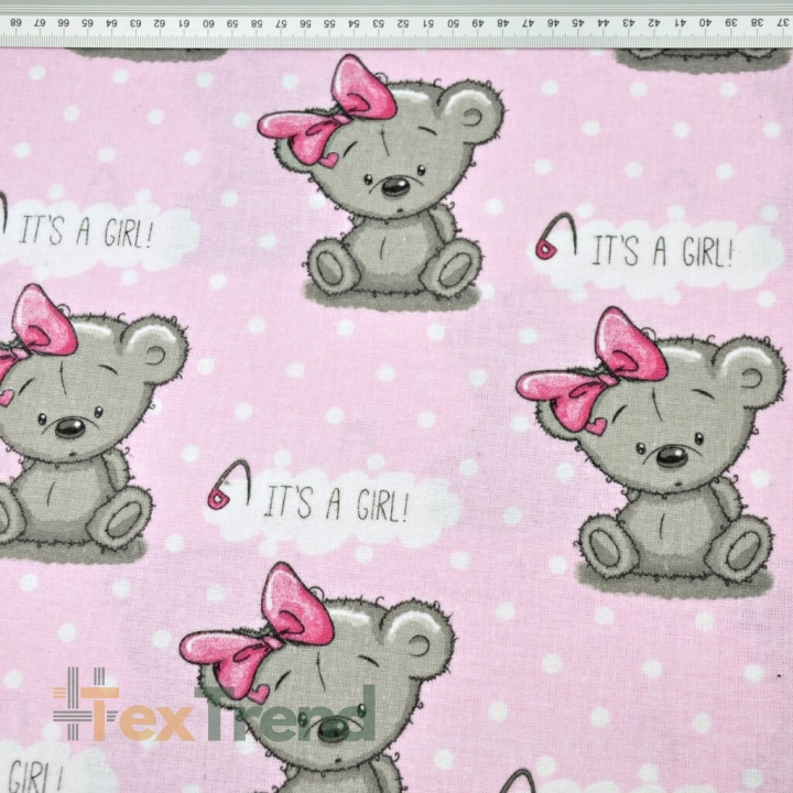 Flanellstoff / Baumwollflanell – weich – Mädchenbären auf rosa mit weißen Punkten