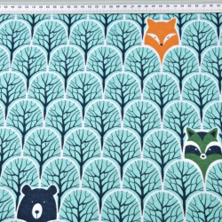 Flanellstoff / Baumwollflanell – weich – Waschbären und Füchse in mintgrünen Bäumen