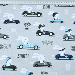 Flanellstoff / Baumwollflanell – weich – Rennkaninchen auf grauem Hintergrund