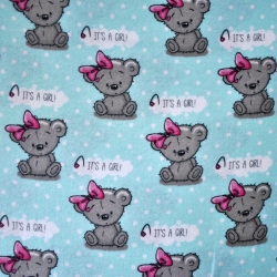 Flanellstoff / Baumwollflanell – weich – Mädchenbären auf blau mit weißen Punkten