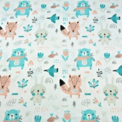 Flanellstoff / Baumwollflanell – weich – Tiere auf der Wiese aprikosen-minze auf weißem Hintergrund