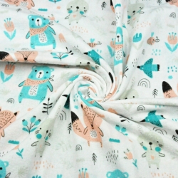 Flanellstoff / Baumwollflanell – weich – Tiere auf der Wiese aprikosen-minze auf weißem Hintergrund