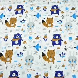 Flanellstoff / Baumwollflanell – weich –Tiere auf der Wiese beige-dunkelblau auf weißem Hintergrund