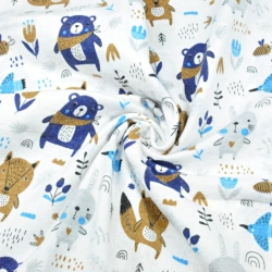 Flanellstoff / Baumwollflanell – weich –Tiere auf der Wiese beige-dunkelblau auf weißem Hintergrund