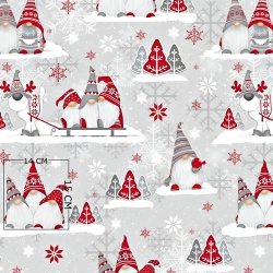 Flanellstoff / Baumwollflanell – weich – Weihnachtsmuster Wichtel mit Rentier rot auf grauem Hintergrund