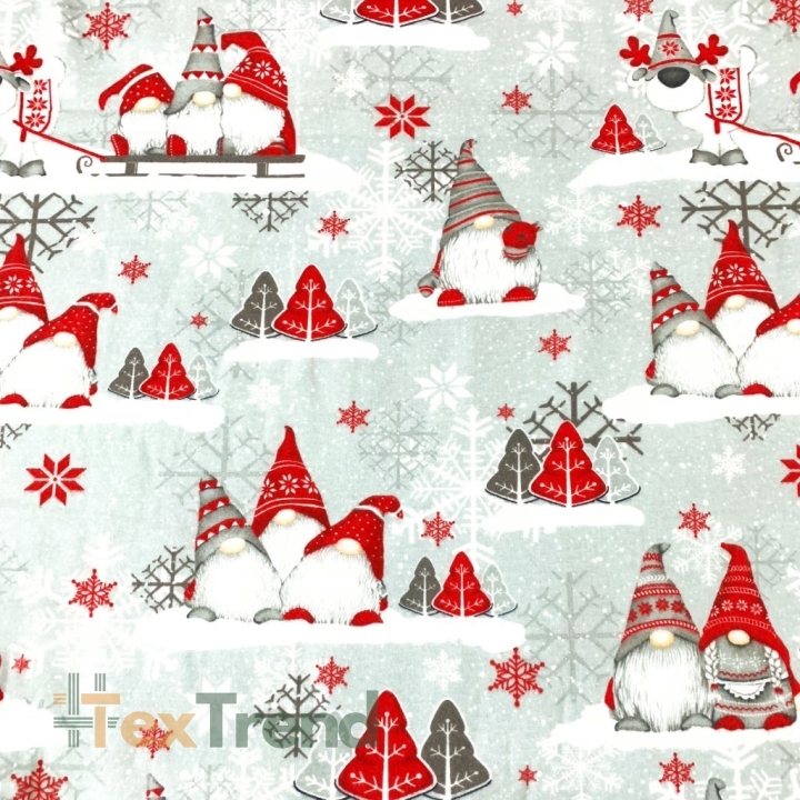 Flanellstoff / Baumwollflanell – weich – Weihnachtsmuster Wichtel mit Rentier rot auf grauem Hintergrund