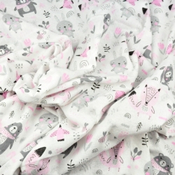 Flanellstoff / Baumwollflanell – weich – Tiere auf der Wiese rosa-grau auf weißem Hintergrund