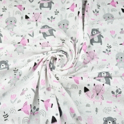 Flanellstoff / Baumwollflanell – weich – Tiere auf der Wiese rosa-grau auf weißem Hintergrund