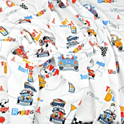 Flanellstoff / Baumwollflanell – weich – Bären Rennfahrer auf weißem Hintergrund