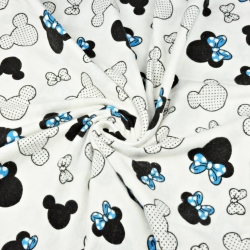 Flanellstoff / Baumwollflanell – weich – Miki mit blauer Schleife auf weißem Hintergrund