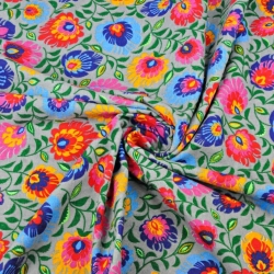 Flanellstoff / Baumwollflanell – weich – Łowicz-Muster auf grauem Hintergrund