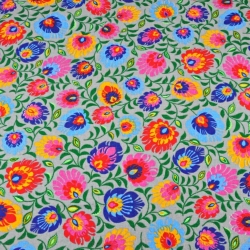 Flanellstoff / Baumwollflanell – weich – Łowicz-Muster auf grauem Hintergrund