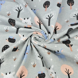 Flanellstoff / Baumwollflanell – weich – Reh mit Bäumen auf grauem Hintergrund