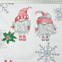 Flanellstoff / Baumwollflanell – weich – Weihnachtsmuster Wichtel im Paar mit Schneeflocken auf weißem Hintergrund