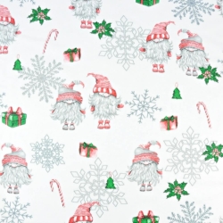 Flanellstoff / Baumwollflanell – weich – Weihnachtsmuster Wichtel im Paar mit Schneeflocken auf weißem Hintergrund