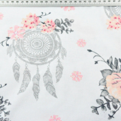 Flanellstoff / Baumwollflanell – weich – Traumfänger mit rosa Rosen auf weißem Hintergrund