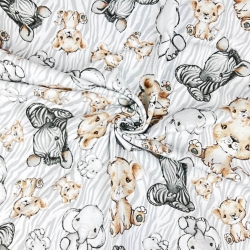 Flanellstoff / Baumwollflanell – weich – Zebras Löwen und große Elefanten beige auf weiß-grauem Hintergrund