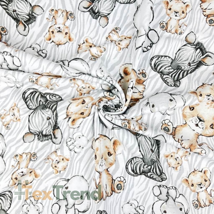 Flanellstoff / Baumwollflanell – weich – Zebras Löwen und große Elefanten beige auf weiß-grauem Hintergrund