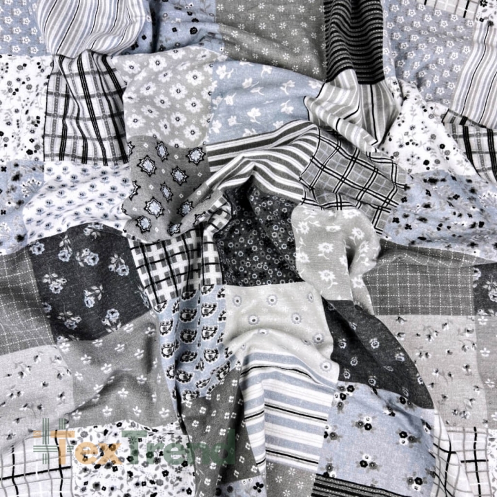 Flanellstoff / Baumwollflanell – weich – Patchwork Blumen grau-blau