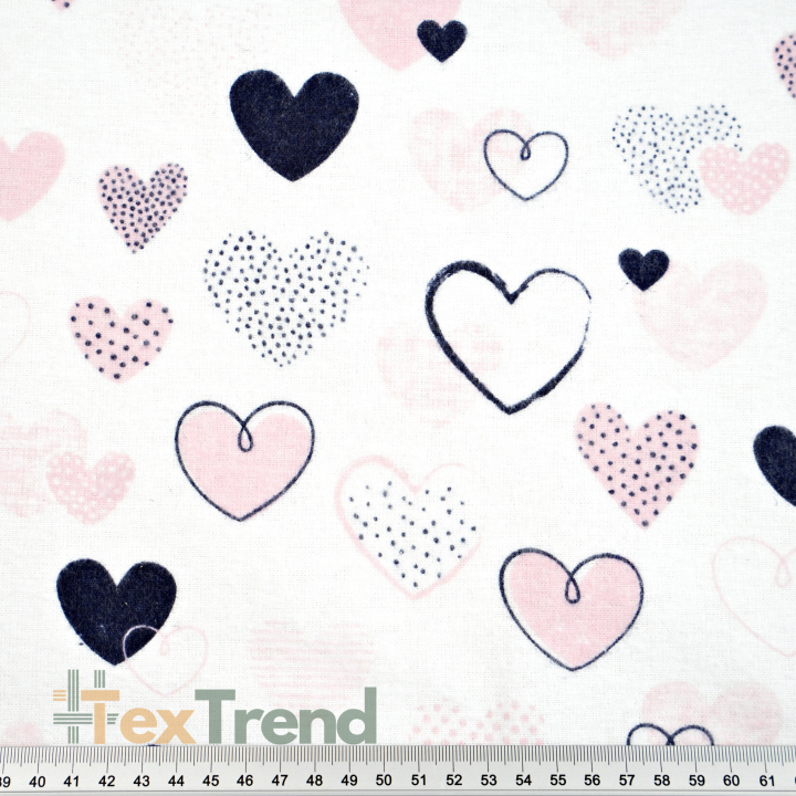 Flanellstoff / Baumwollflanell – weich – Herzen gemustert rosa-navy