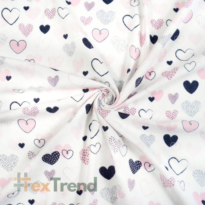 Flanellstoff / Baumwollflanell – weich – Herzen gemustert rosa-navy