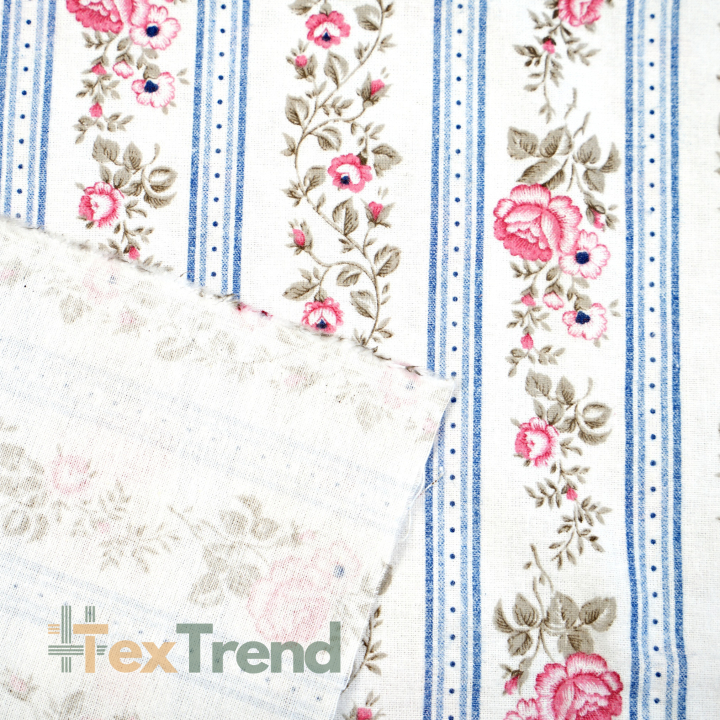 Flanellstoff / Baumwollflanell – weich – mit blauen Streifen und Rosen