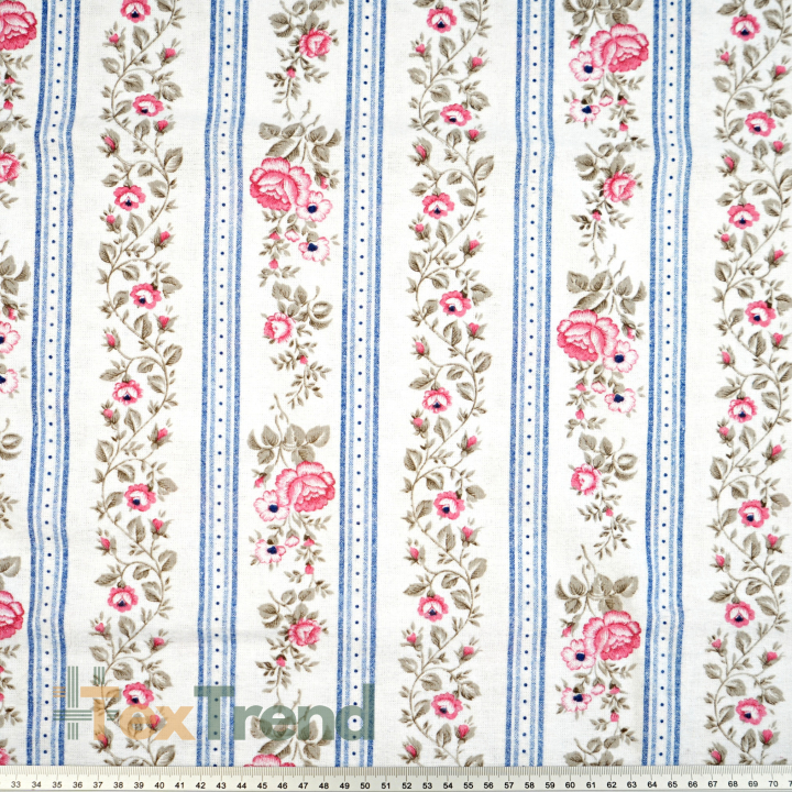 Flanellstoff / Baumwollflanell – weich – mit blauen Streifen und Rosen