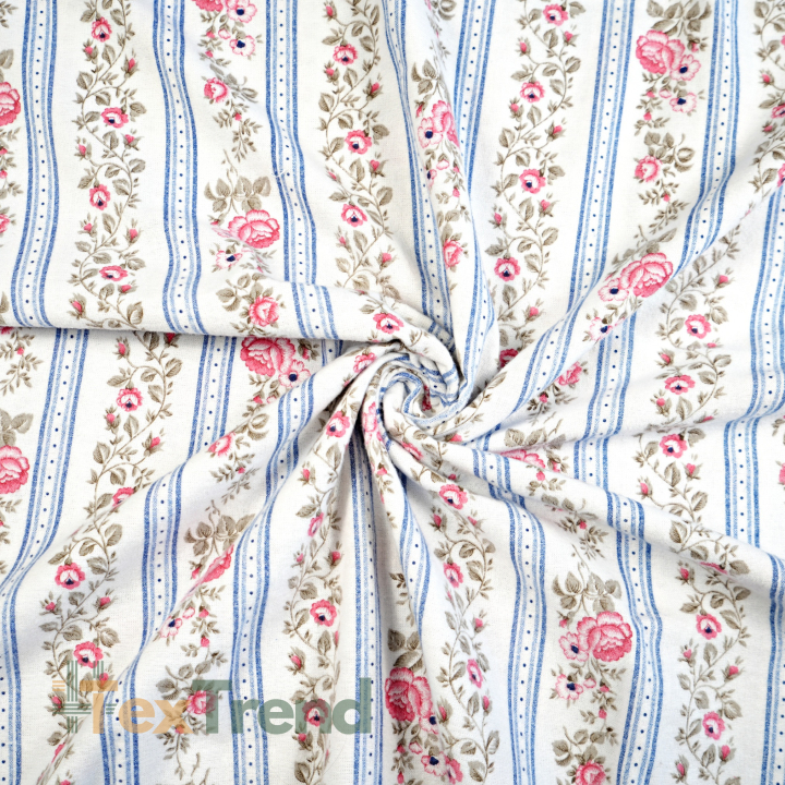 Flanellstoff / Baumwollflanell – weich – mit blauen Streifen und Rosen