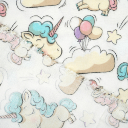 Flanellstoff / Baumwollflanell – weich – Einhörnern und Ballons auf weißem Hintergrund