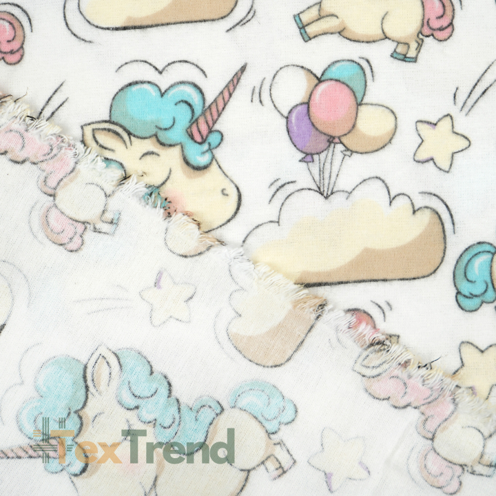 Flanellstoff / Baumwollflanell – weich – Einhörnern und Ballons auf weißem Hintergrund