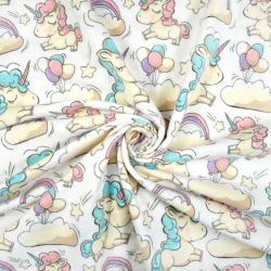 Flanellstoff / Baumwollflanell – weich – Einhörnern und Ballons auf weißem Hintergrund
