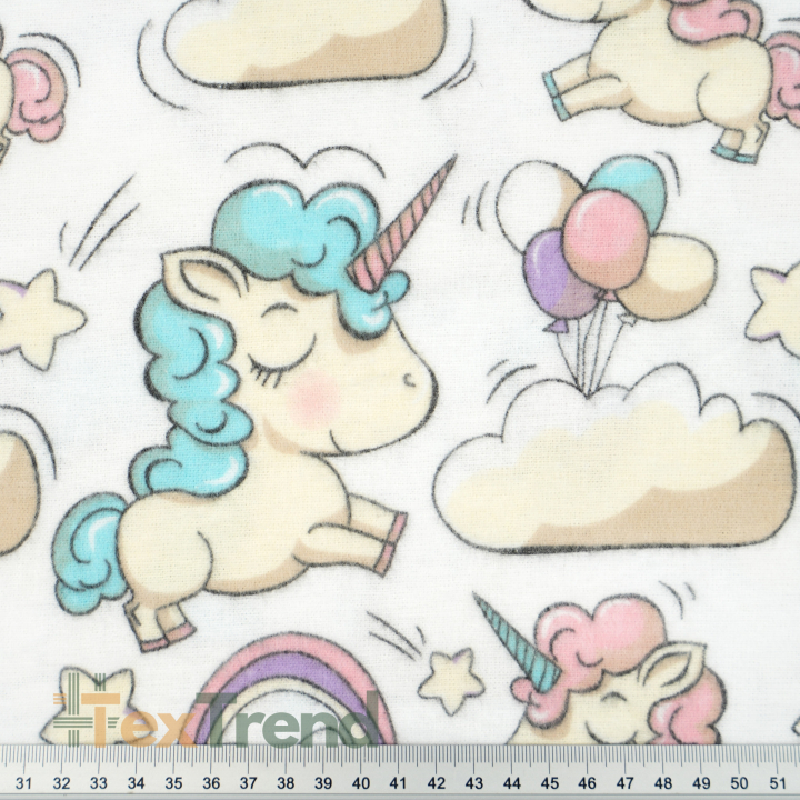 Flanellstoff / Baumwollflanell – weich – Einhörnern und Ballons auf weißem Hintergrund