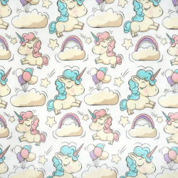 Flanellstoff / Baumwollflanell – weich – Einhörnern und Ballons auf weißem Hintergrund