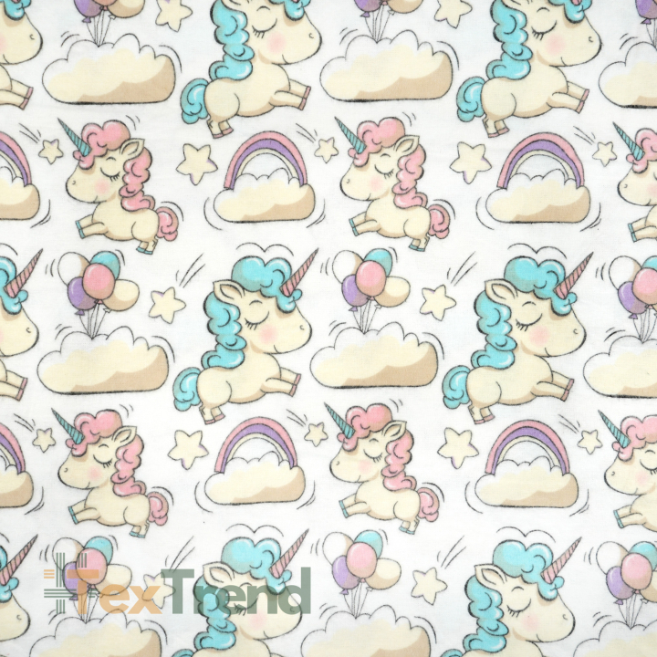 Flanellstoff / Baumwollflanell – weich – Einhörnern und Ballons auf weißem Hintergrund