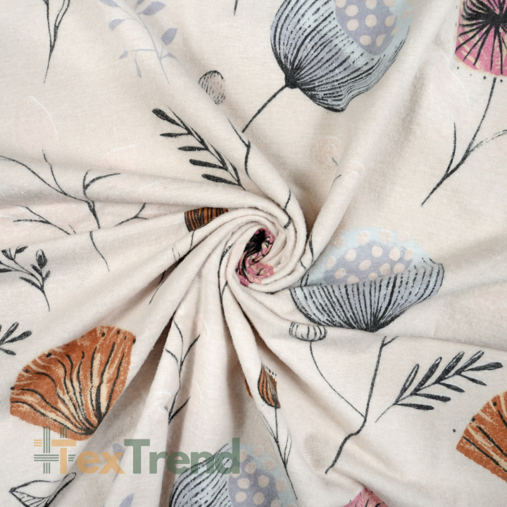 Flanellstoff / Baumwollflanell – weich – Mohnblumen auf beigem Hintergrund