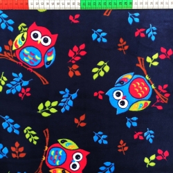 Kuschelfleece Stoff – Kinder Muster - Eulen auf dunkelblauem Hintergrund
