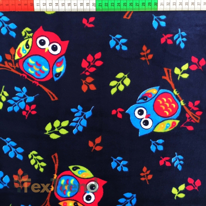 Kuschelfleece Stoff – Kinder Muster - Eulen auf dunkelblauem Hintergrund