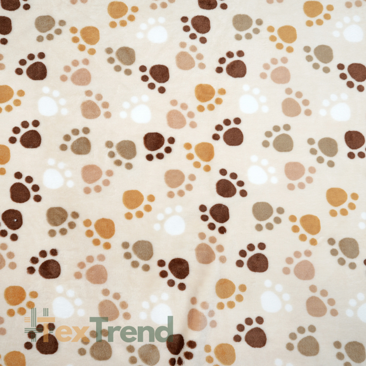 Kuschelfleece Stoff – Kinder Muster -  braune Pfoten auf beigem Hintergrund