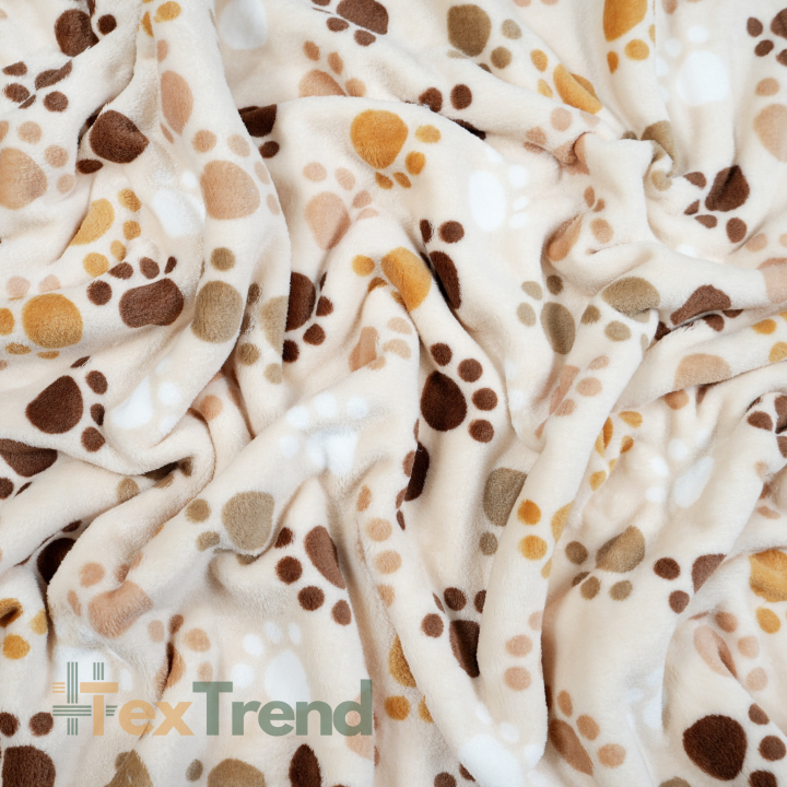 Kuschelfleece Stoff – Kinder Muster -  braune Pfoten auf beigem Hintergrund