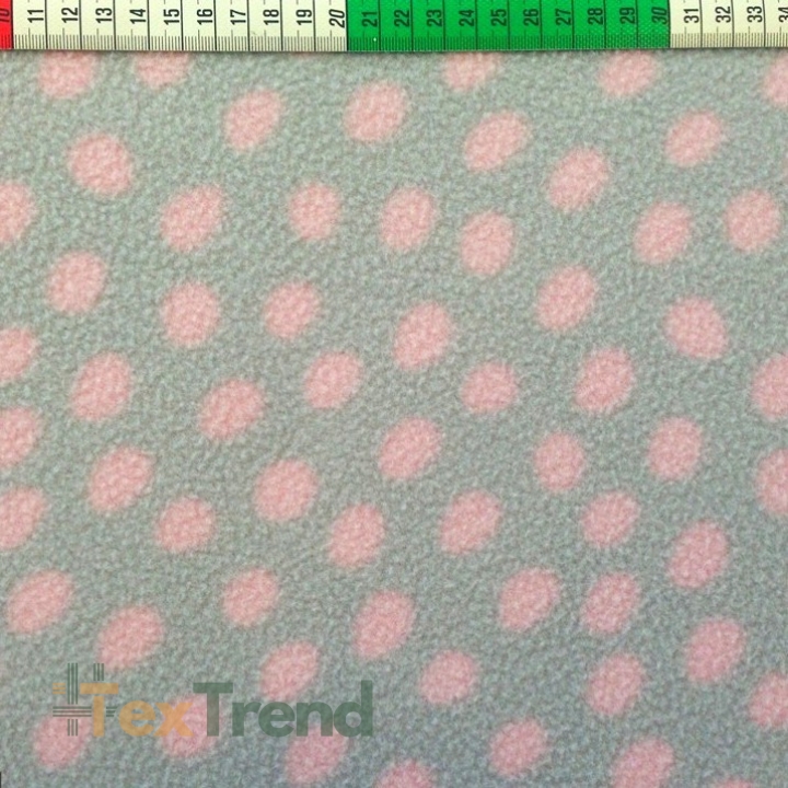 Kuschelfleece Stoff – Kinder Muster -  rosa Punkte auf grauem Hintergrund