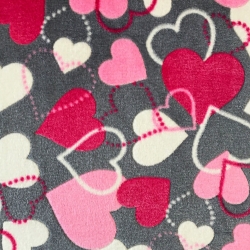 Kuschelfleece Stoff – Kinder Muster - Herzchen Konturen rosa auf grauem Hintergrund