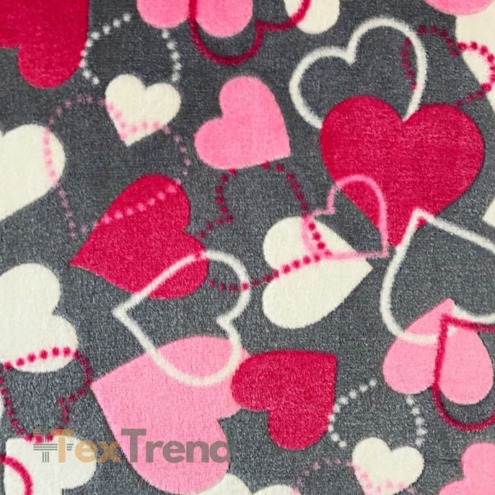 Kuschelfleece Stoff – Kinder Muster - Herzchen Konturen rosa auf grauem Hintergrund