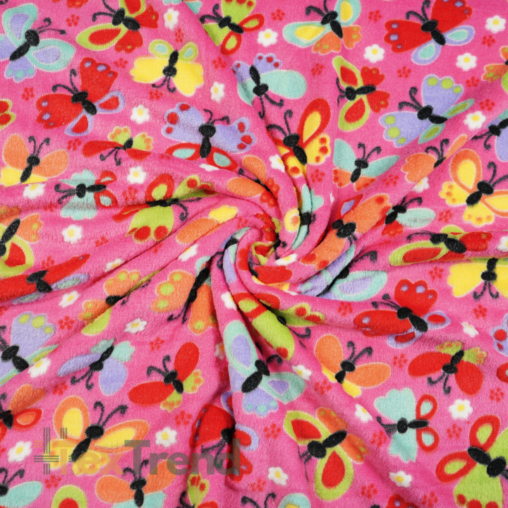 Kuschelfleece Stoff – Kinder Muster -  Bunte Schmetterlinge auf rosa Hintergrund