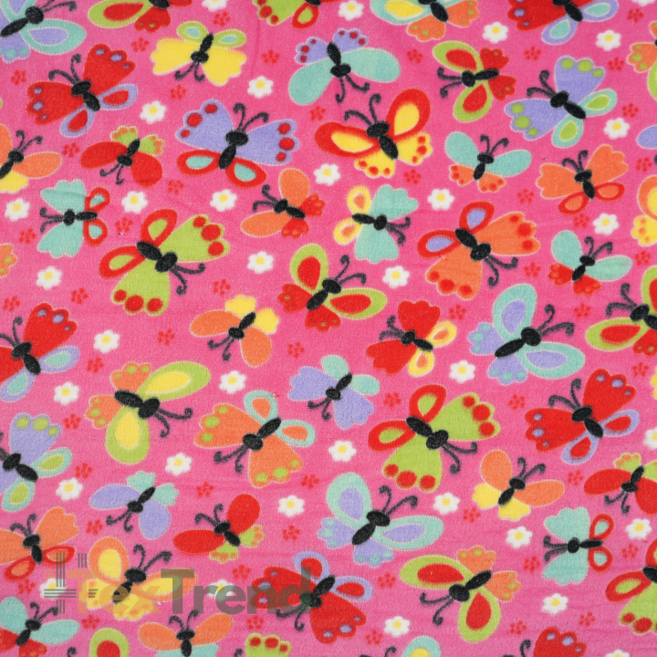 Kuschelfleece Stoff – Kinder Muster -  Bunte Schmetterlinge auf rosa Hintergrund