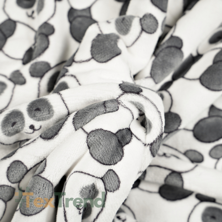 Kuschelfleece Stoff – Kinder Muster -  graue Pandas auf weißem Hintergrund