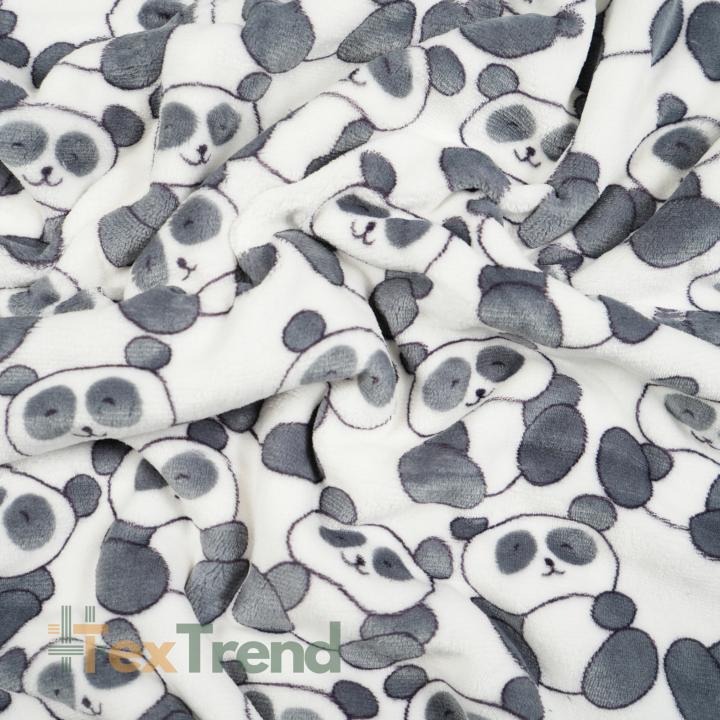 Kuschelfleece Stoff – Kinder Muster -  graue Pandas auf weißem Hintergrund