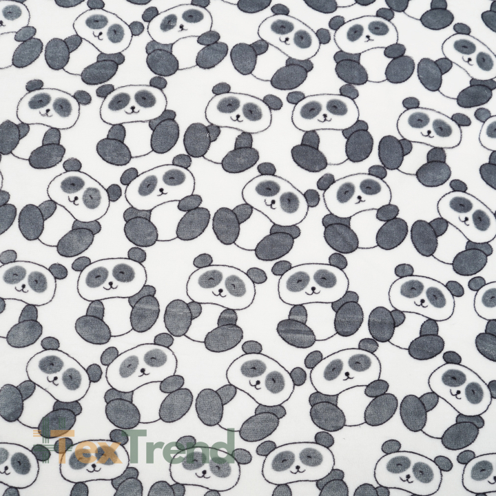Kuschelfleece Stoff – Kinder Muster -  graue Pandas auf weißem Hintergrund